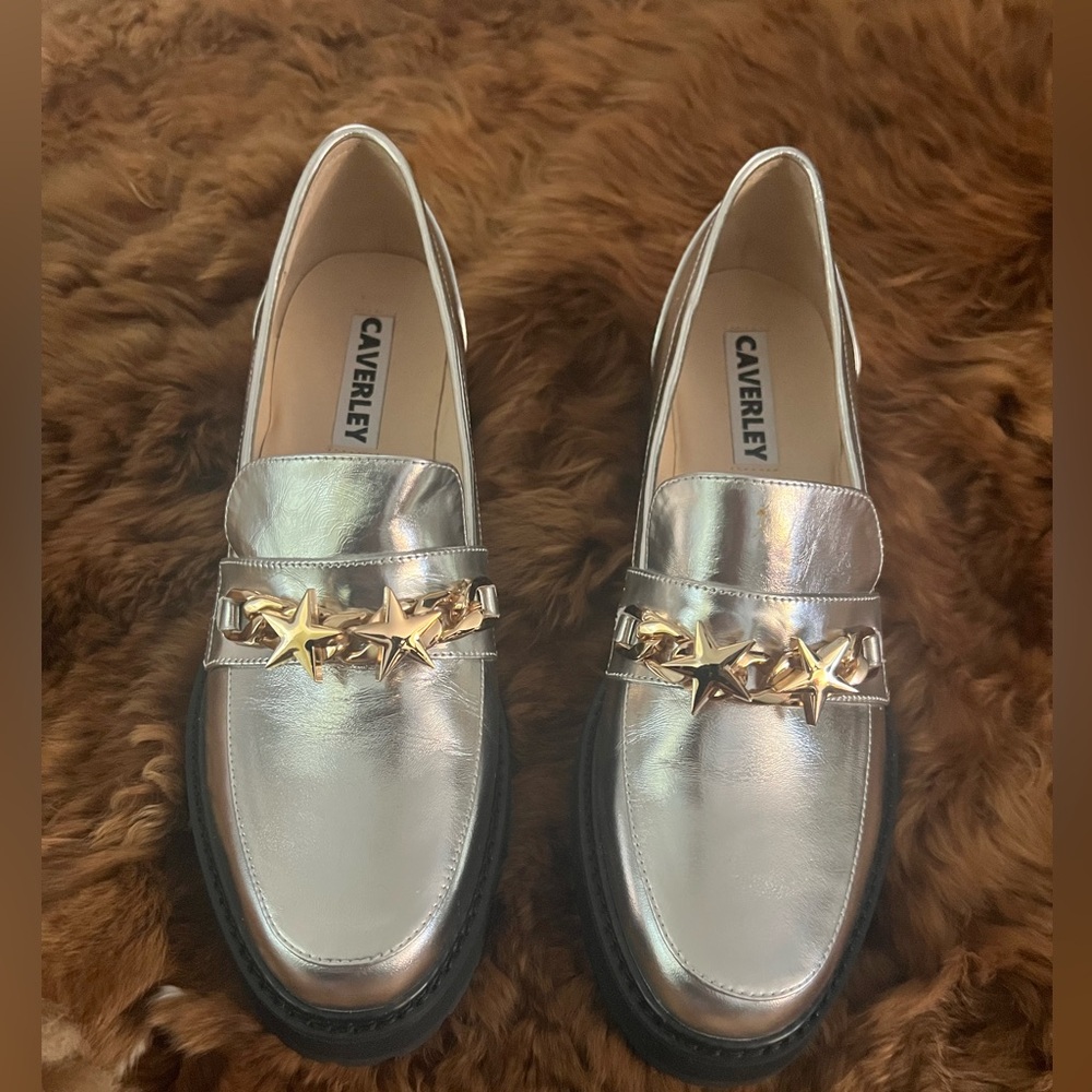 Anthropologie Caverly Star Loafer Silver Leather Gold Star Chain Loafer